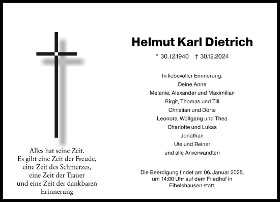 Traueranzeige von Helmut Karl Dietrich von Dill Block