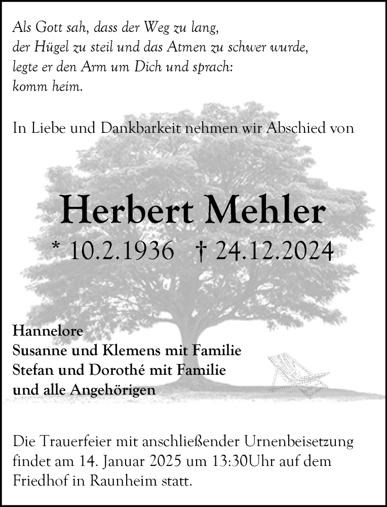  Traueranzeige für Herbert Mehler vom 04.01.2025 aus Rüsselsheimer Echo