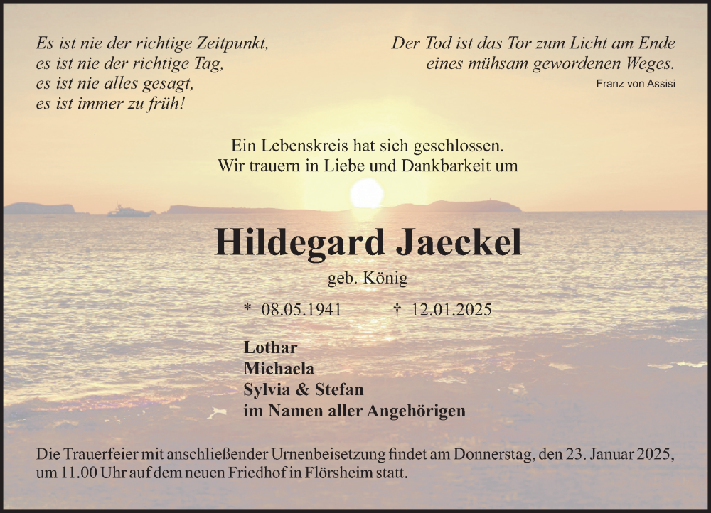  Traueranzeige für Hildegard Jaeckel vom 18.01.2025 aus Rüsselsheimer Echo