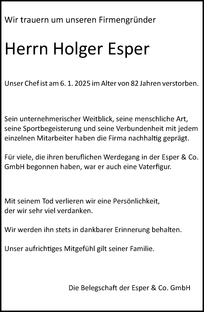  Traueranzeige für Holger Esper vom 11.01.2025 aus Wiesbadener Kurier
