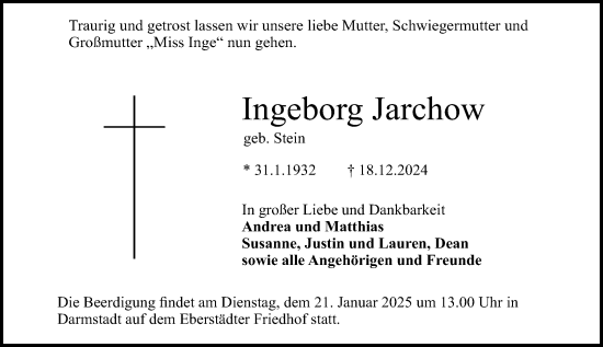 Traueranzeige von Ingeborg Jarchow von Darmstädter Echo