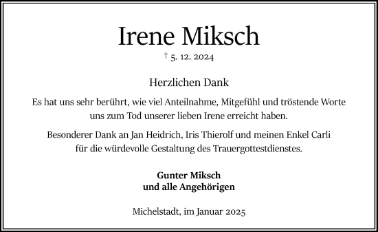 Traueranzeige von Irene Miksch von Odenwälder Echo