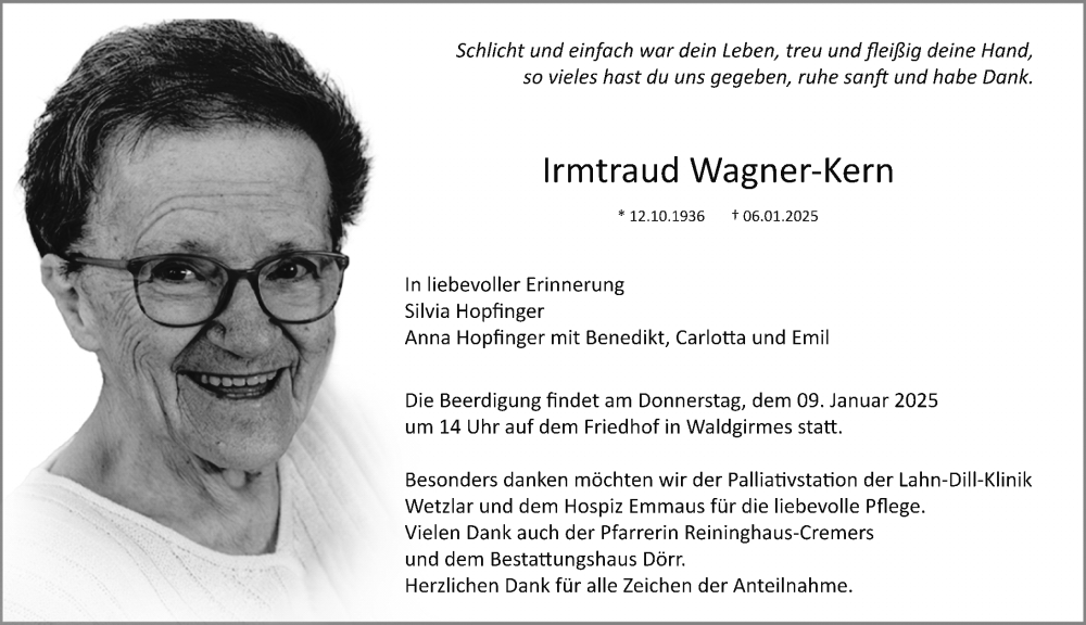  Traueranzeige für Irmtraud Wagner-Kern vom 08.01.2025 aus Wetzlarer Neue Zeitung