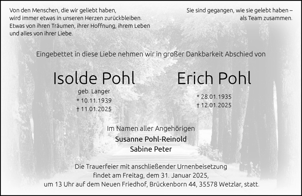  Traueranzeige für Isolde Pohl vom 25.01.2025 aus Wetzlarer Neue Zeitung