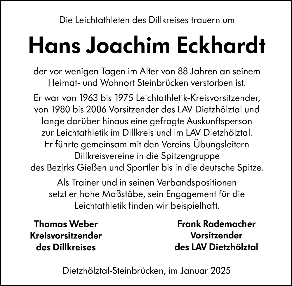  Traueranzeige für Hans Joachim Eckhardt vom 16.01.2025 aus Dill Block
