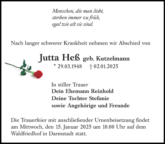 Traueranzeige von Jutta Heß von Darmstädter Echo