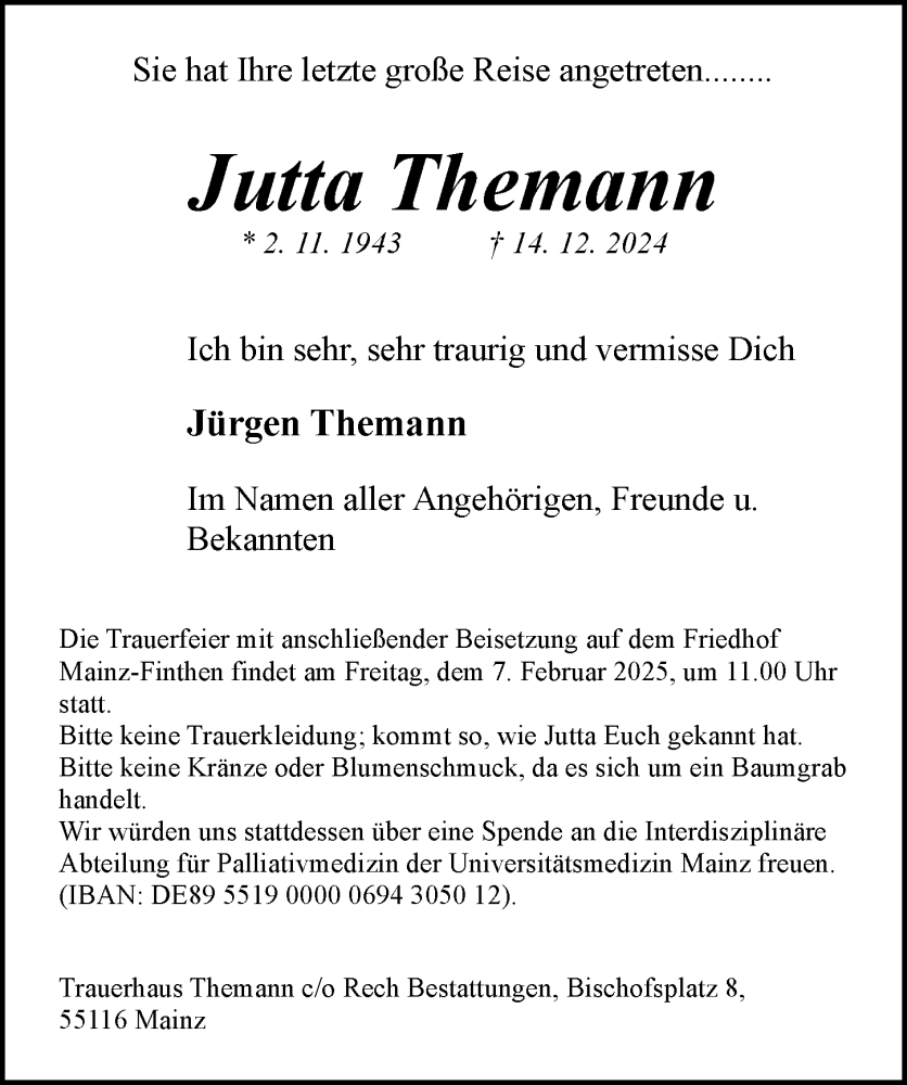  Traueranzeige für Jutta Themann vom 25.01.2025 aus Allgemeine Zeitung Mainz