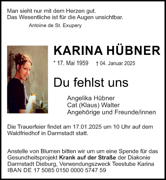 Traueranzeige von Karina Hübner von Darmstädter Echo