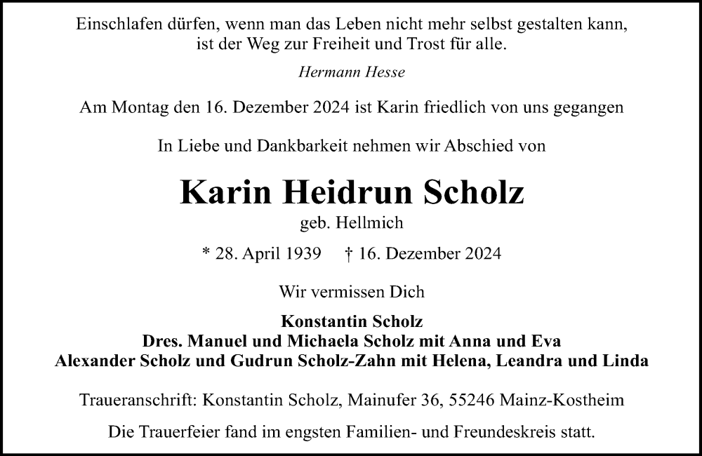  Traueranzeige für Karin Heidrun Scholz vom 11.01.2025 aus Allgemeine Zeitung Mainz
