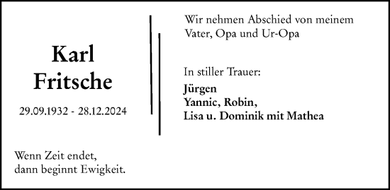 Traueranzeige von Karl Fritsche von Nassauische Neue Presse