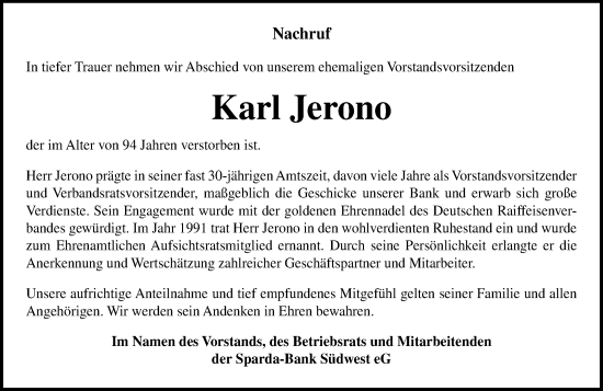 Traueranzeige von Karl Jerono von Allgemeine Zeitung Rheinhessen-Nahe