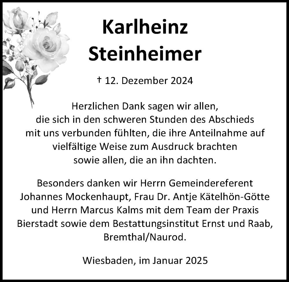  Traueranzeige für Karlheinz Steinheimer vom 18.01.2025 aus Wiesbadener Kurier