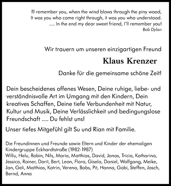 Traueranzeige von Klaus Krenzer von Darmstädter Echo