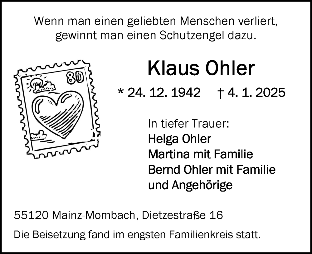  Traueranzeige für Klaus Ohler vom 18.01.2025 aus Allgemeine Zeitung Mainz
