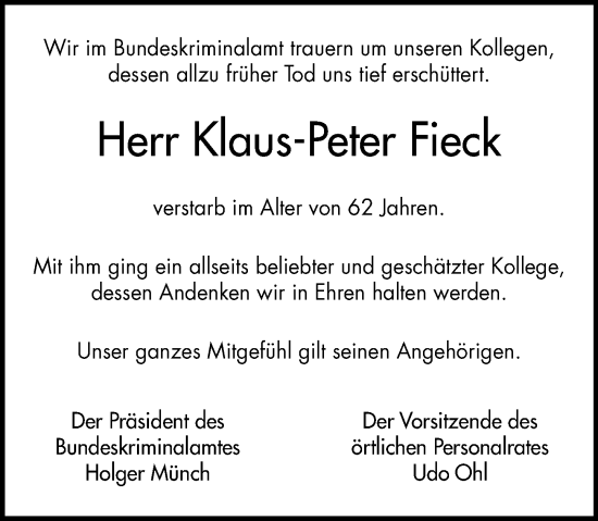 Traueranzeige von Klaus-Peter Fieck von Wiesbadener Kurier