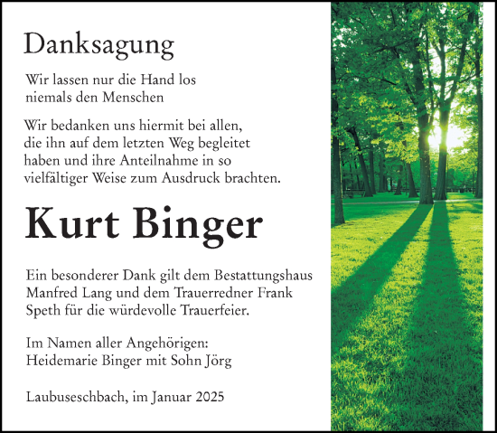 Traueranzeige von Kurt Binger von Weilburger Tageblatt