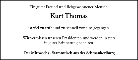 Traueranzeige von Kurt Thomas von Dieburger Anzeiger/Groß-Zimmerner Lokal-Anzeiger
