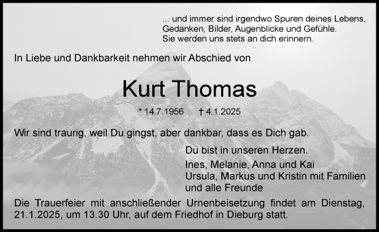 Traueranzeige von Kurt Thomas von Dieburger Anzeiger/Groß-Zimmerner Lokal-Anzeiger