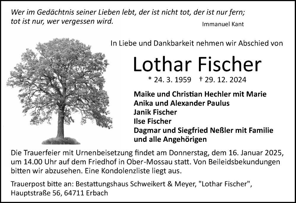  Traueranzeige für Lothar Fischer vom 04.01.2025 aus Odenwälder Echo