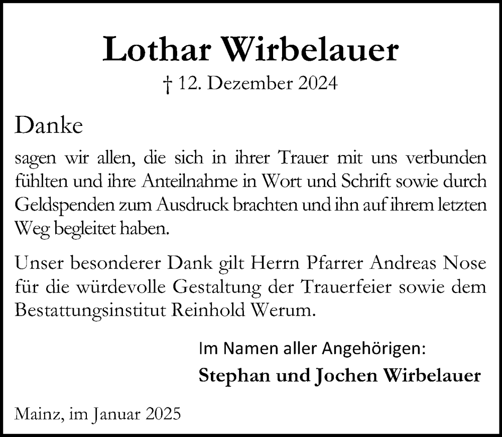 Traueranzeige für Lothar Wirbelauer vom 25.01.2025 aus Allgemeine Zeitung Mainz