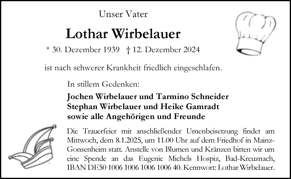  Traueranzeige für Lothar Wirbelauer vom 04.01.2025 aus Allgemeine Zeitung Mainz