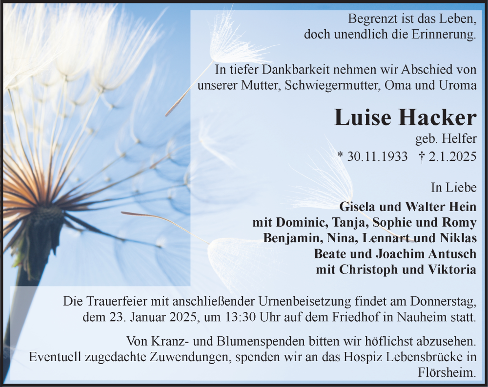  Traueranzeige für Luise Hacker vom 11.01.2025 aus Rüsselsheimer Echo