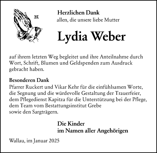 Traueranzeige von Lydia Weber von Hinterländer Anzeiger