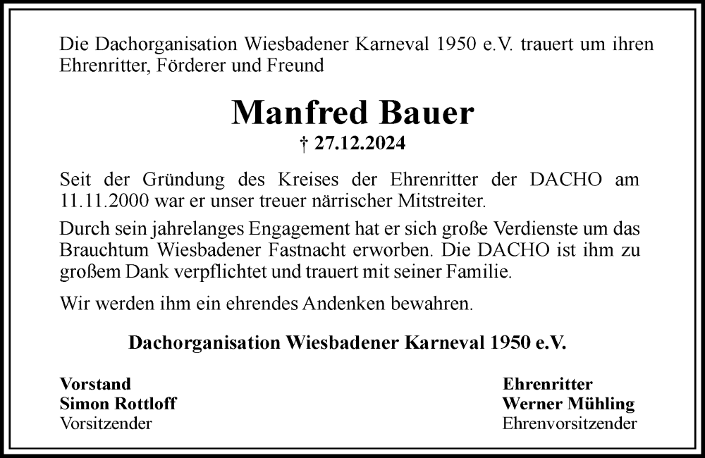  Traueranzeige für Manfred Bauer vom 11.01.2025 aus Wiesbadener Kurier