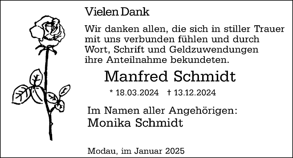  Traueranzeige für Manfred Schmidt vom 18.01.2025 aus Darmstädter Echo