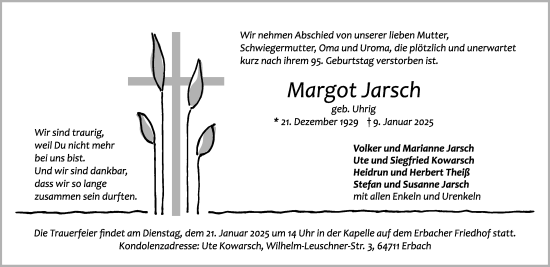 Traueranzeige von Margot Jarsch von Odenwälder Echo