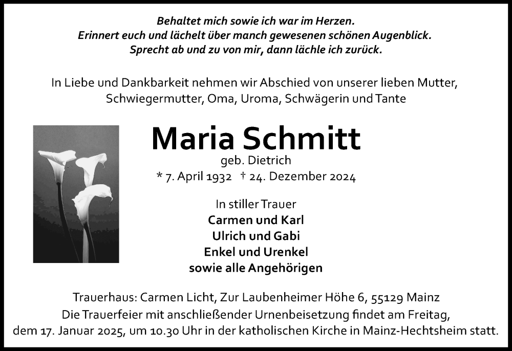  Traueranzeige für Maria Schmitt vom 11.01.2025 aus Allgemeine Zeitung Mainz