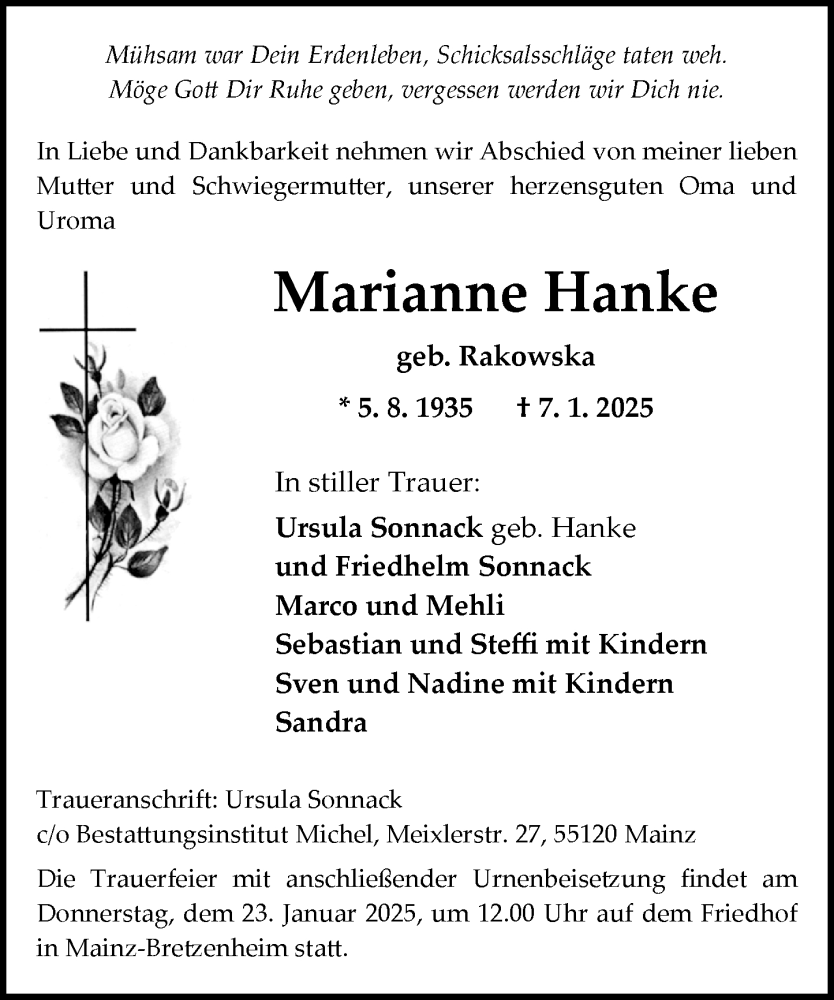  Traueranzeige für Marianne Hanke vom 18.01.2025 aus Allgemeine Zeitung Mainz