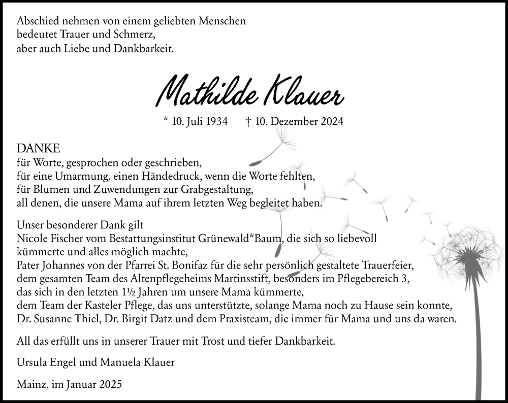  Traueranzeige für Mathilde Klauer vom 25.01.2025 aus Allgemeine Zeitung Mainz