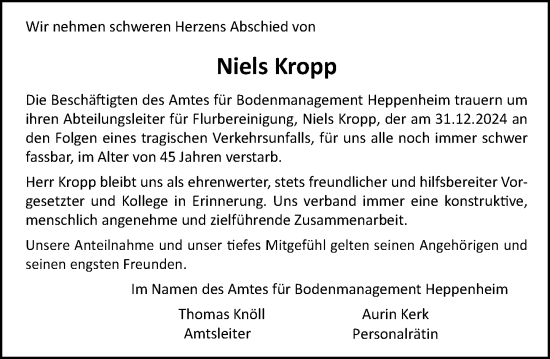Traueranzeige von Niels Kropp von Starkenburger Echo
