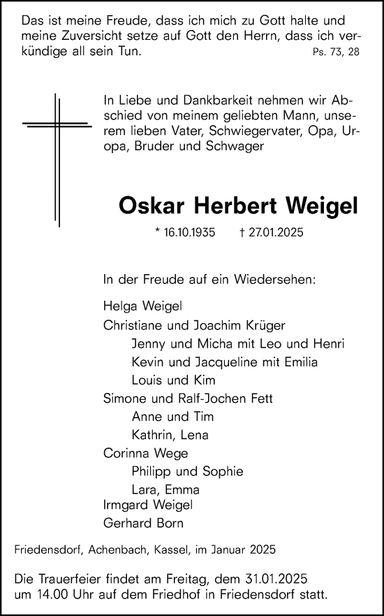 Traueranzeige von Oskar Herbert Weigel von Hinterländer Anzeiger