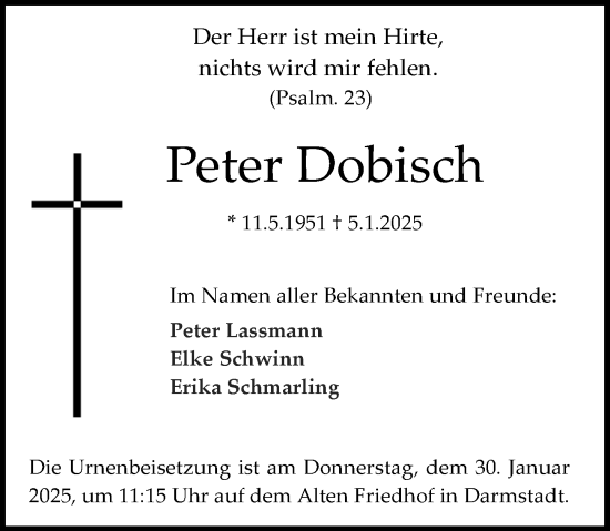 Traueranzeige von Peter Dobisch von Darmstädter Echo