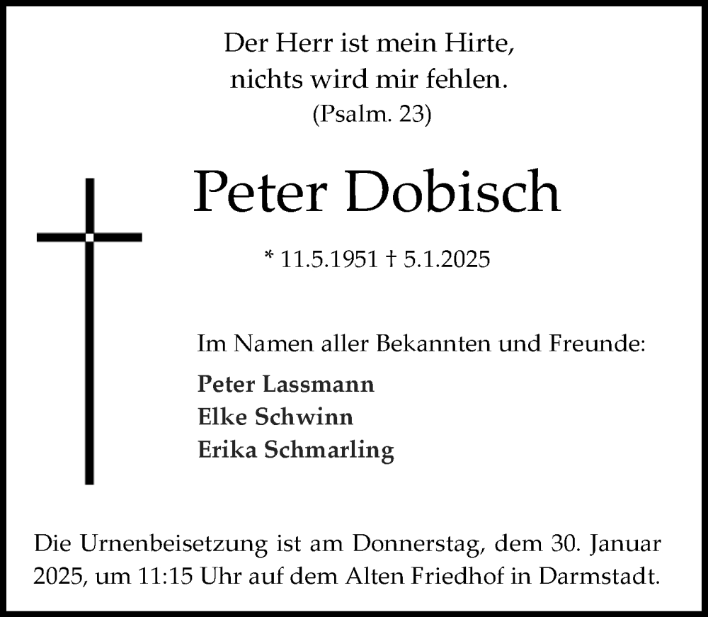 Traueranzeige für Peter Dobisch vom 25.01.2025 aus Darmstädter Echo