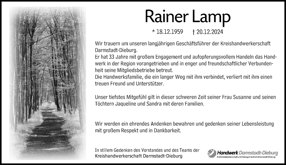  Traueranzeige für Rainer Lamp vom 04.01.2025 aus Dieburger Anzeiger/Groß-Zimmerner Lokal-Anzeiger