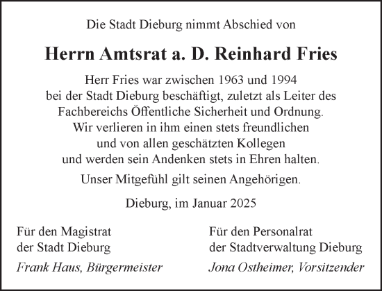 Traueranzeige von Reinhard Fries von Dieburger Anzeiger/Groß-Zimmerner Lokal-Anzeiger
