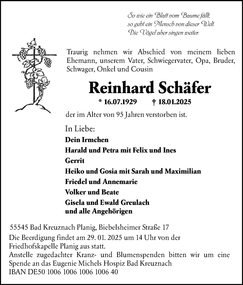  Traueranzeige für Reinhard Schäfer vom 25.01.2025 aus Allgemeine Zeitung Rheinhessen-Nahe