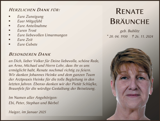 Traueranzeige von Renate Bräunche von Dill Block