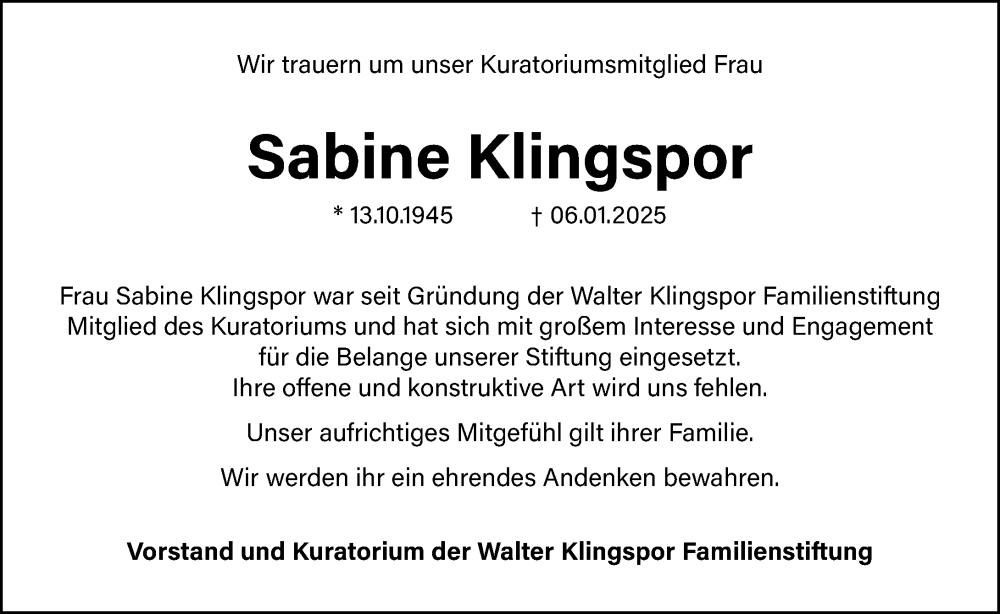  Traueranzeige für Sabine Klingspor vom 09.01.2025 aus Dill Block