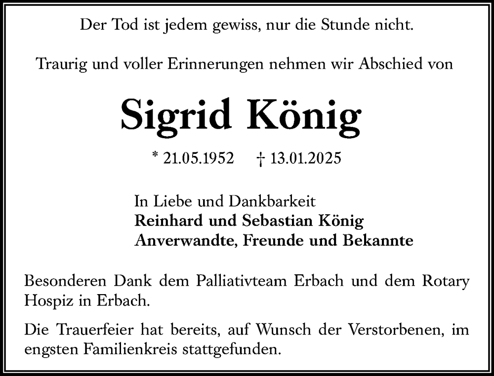  Traueranzeige für Sigrid König vom 25.01.2025 aus Starkenburger Echo