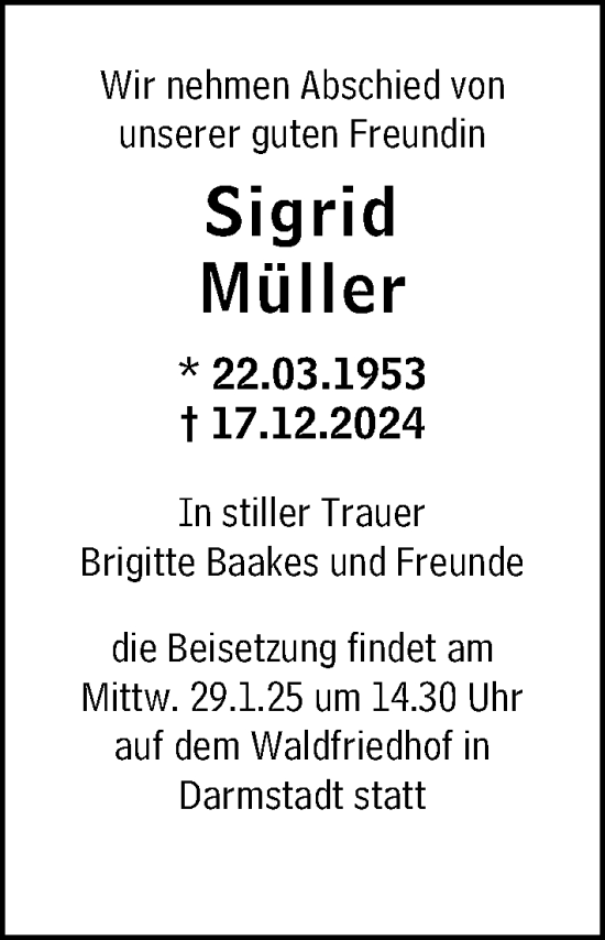Traueranzeige von Sigrid Müller von Darmstädter Echo