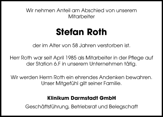 Traueranzeige von Stefan Roth von Darmstädter Echo