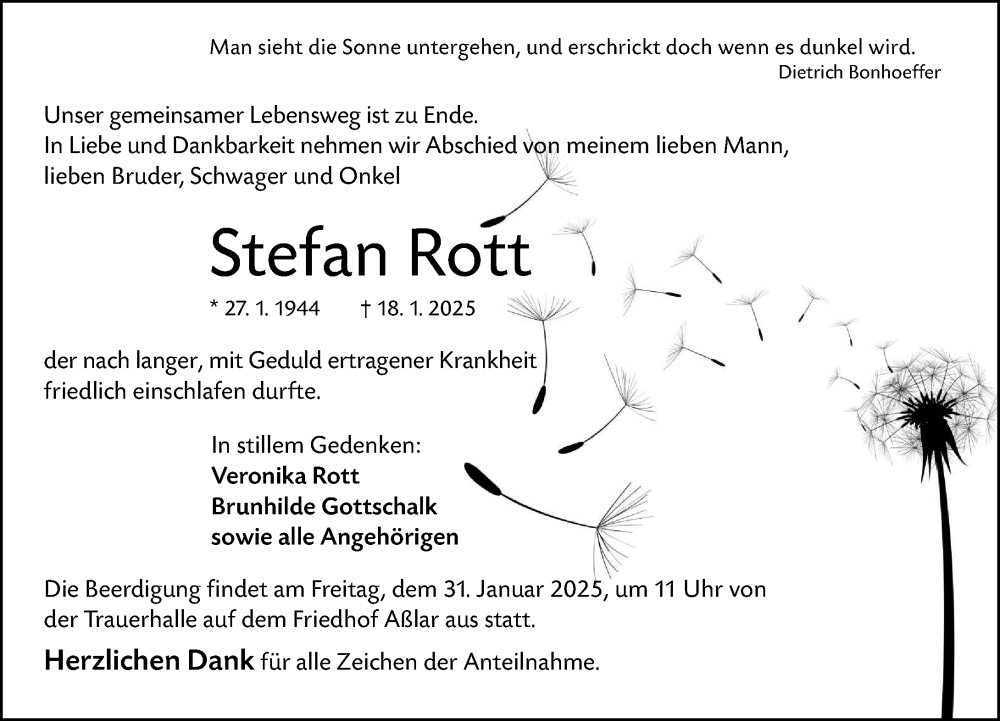  Traueranzeige für Stefan Rott vom 25.01.2025 aus Wetzlarer Neue Zeitung