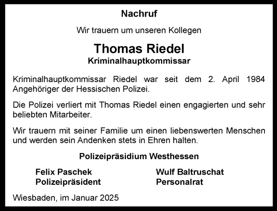 Traueranzeige von Thomas Riedel von Weilburger Tageblatt