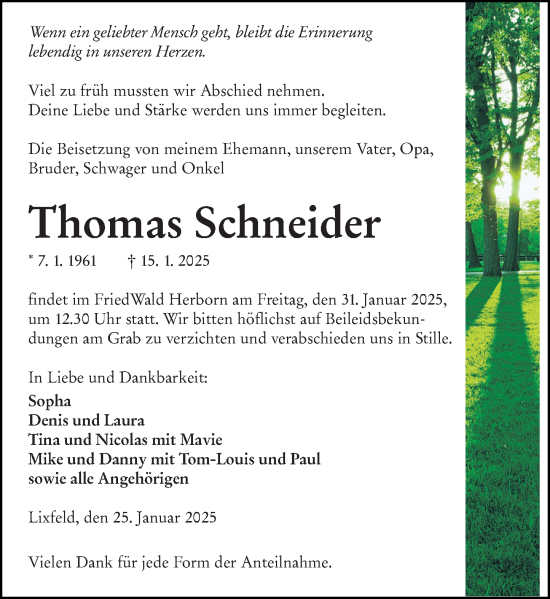 Traueranzeige von Thomas Schneider von Hinterländer Anzeiger