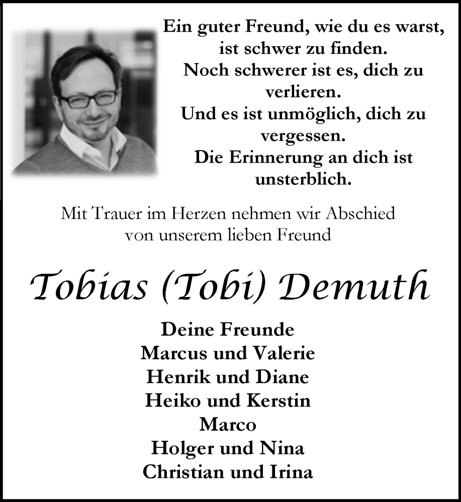  Traueranzeige für Tobias Demuth vom 11.01.2025 aus Allgemeine Zeitung Mainz