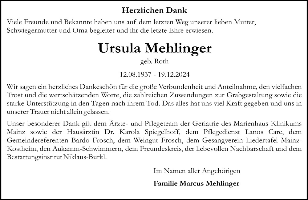  Traueranzeige für Ursula Mehlinger vom 25.01.2025 aus Allgemeine Zeitung Mainz